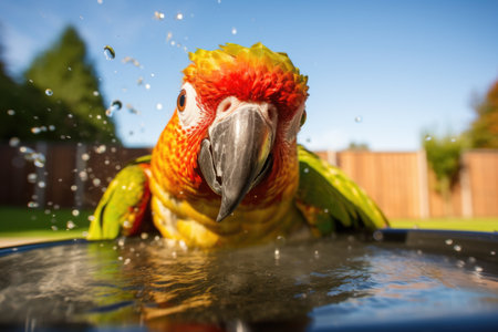 parrot successfully in a bird bath, created with generative aiの素材