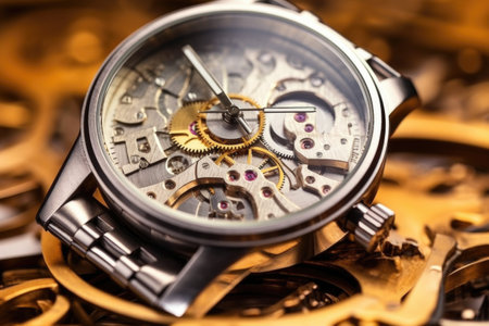 main gears of a pilot watch under magnifying glass, created with generative aiの素材