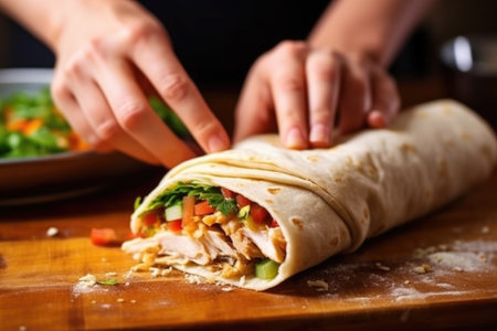 hand wrapping a rolled pita bread with chicken filling, created with generative aiの素材