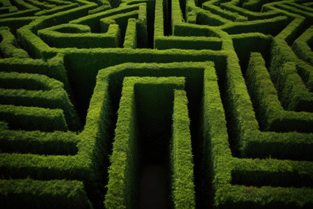 a maze made out of tall hedges, created with generative aiの素材