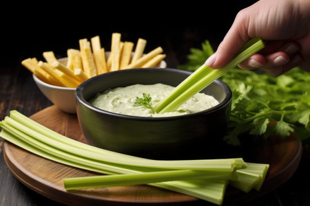 hand scooping cheese dip with a celery stick from a bowl, created with generative aiの素材