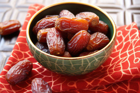 dates in a decorative bowl on a textured mat, created with generative aiの素材