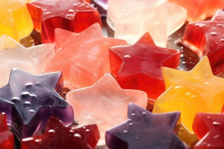 close-up of fruit jellies in shapes of crescent and star, created with generative aiの素材