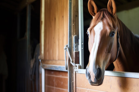 a horse looking at another through a stable partition, created with generative aiの素材