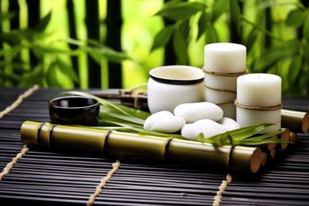 oriental-inspired spa set with bamboo and zen garden, created with generative aiの素材