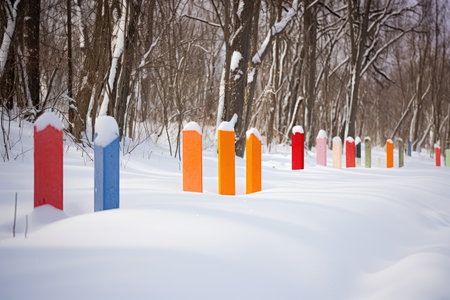 brightly colored boundary markers in the snow, created with generative aiの素材