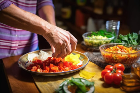 hand preparing a plate of tortilla chips and salsa for guests, created with generative aiの素材
