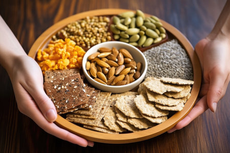 rolled up sleeve hand presenting plate of various seed crackers, created with generative aiの素材