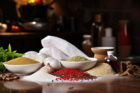 a chefè¢Âs white hat placed beside food ingredients, created with generative aiの素材