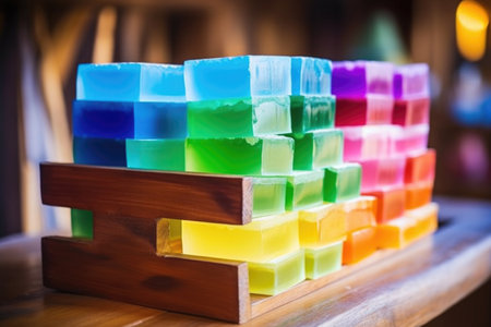 close-up of colorful soap bars stacked on a wooden shelf, created with generative aiの素材