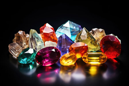a collection of gemstones, with one radiating brighter, created with generative aiの素材