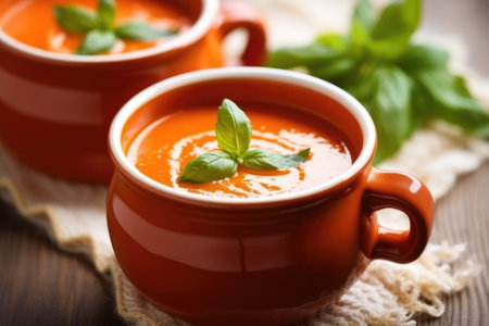 garnishing tomato soup with a sprig of basil, created with generative aiの素材