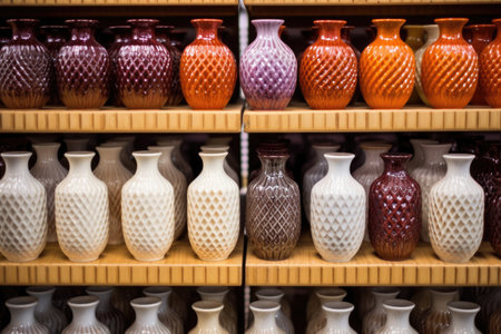 rows of finished stoneware vases on a display shelf, created with generative aiの素材