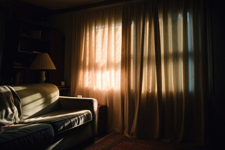 curtains blocking sunlight in a dimly-lit room, created with generative aiの素材