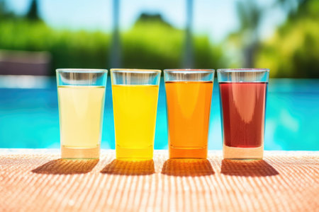 glass beakers filled with different sunscreen mixtures, created with generative aiの素材