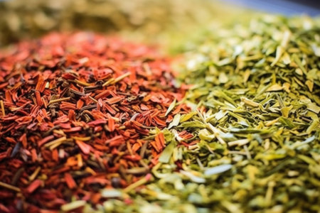 macro shot of assorted tea leaf mix for blending, created with generative aiの素材