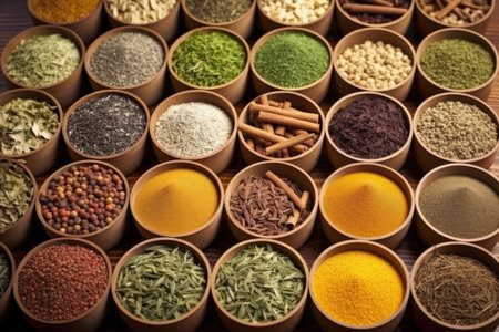 high-angle view of different tea varieties on a table, created with generative aiの素材