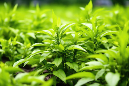 close-up of tea flowers blooming amongst the leaves, created with generative aiの素材