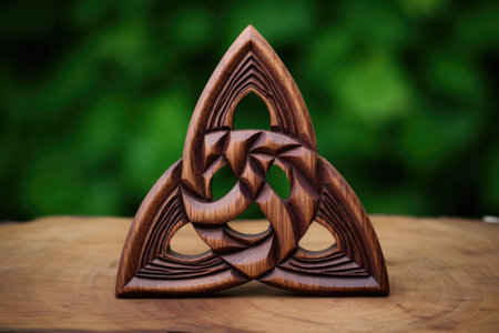 a trinity knot carved on wooden surface, created with generative aiの素材