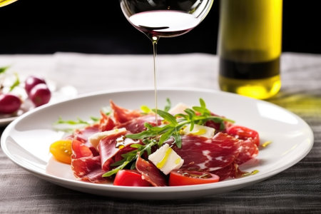 hand drizzling olive oil over a salami salad, created with generative aiの素材