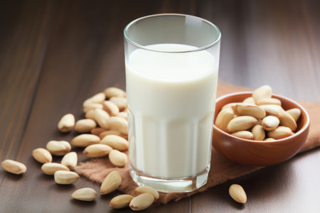 a glass of almond milk next to raw nuts, created with generative aiの素材