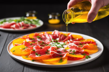 hand pouring oil over a plate of bell pepper carpaccio, created with generative aiの素材