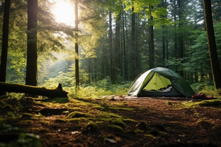 tent pitched in a green forest under bright daylight, created with generative aiの素材