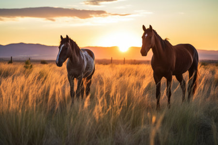 wild horses grazing in a meadow at sunrise, created with generative aiの素材