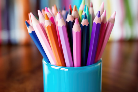 pink and blue colored pens in a holder, created with generative aiの素材