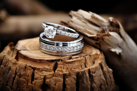 white gold wedding rings on a freshly cut tree stump, created with generative aiの素材