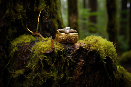 two golden wedding rings nestled in a mossy tree stump, created with generative aiの素材