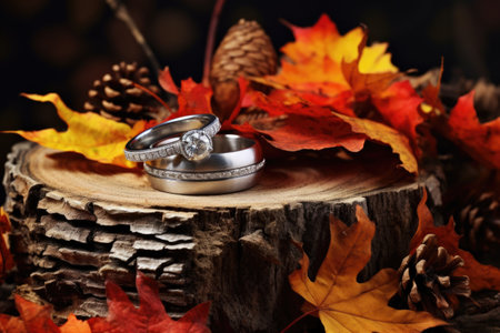 silver wedding rings on a weathered stump, with autumn leaves around, created with generative aiの素材