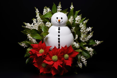 snowman with mittens clutching a poinsettia wreath, created with generative aiの素材