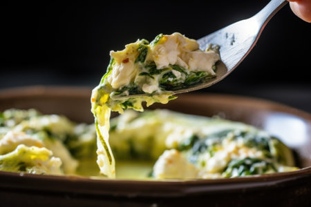 spoon dropping spinach and feta filling into chicken cavity, created with generative aiの素材