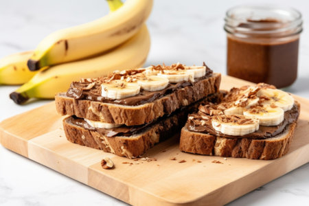 whole grain bread slices spread with nutella, garnished with banana slices, created with generative aiの素材