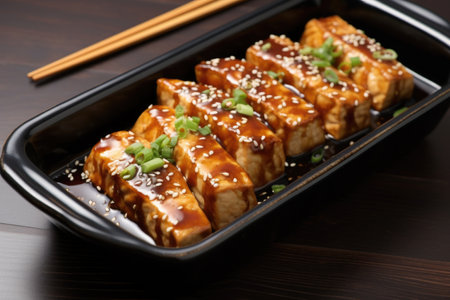 tofu steaks in a ceramic dish covered with teriyaki, created with generative aiの素材