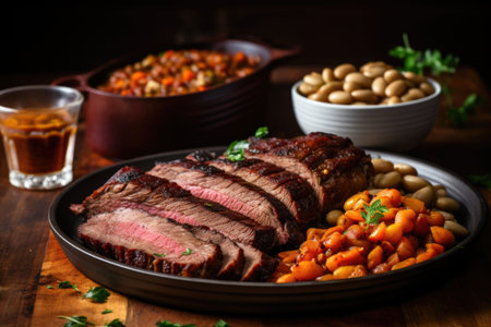 smoky beef brisket with a side of beans, created with generative aiの素材