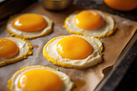 raw mini pumpkin pies on baking paper, brushed with yolk, created with generative aiの素材