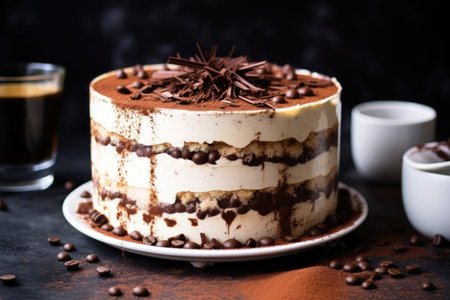 whole tiramisu decorated with chocolate shavings on top, created with generative aiの素材