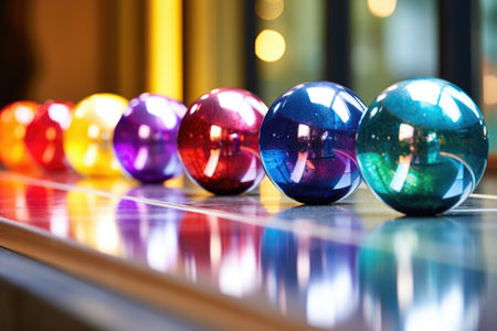 bowling balls ready on a shiny lane, created with generative aiの素材
