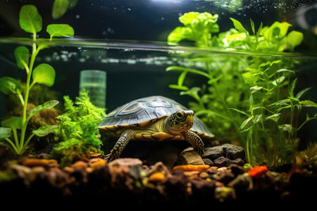 pet turtle inside a water terrarium with plants, created with generative aiの素材