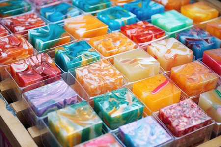 series of soap bars with different patterns and colors, created with generative aiの素材