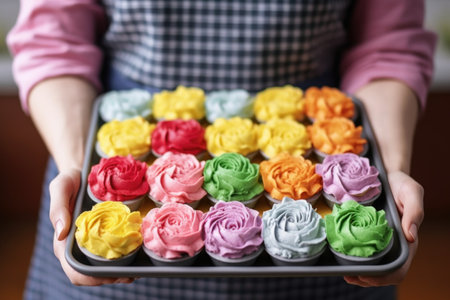 hand holding a tray of cupcakes with colorful frosting, created with generative aiの素材