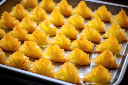hand diamond shapes in a tray of unbaked baklava, created with generative aiの素材