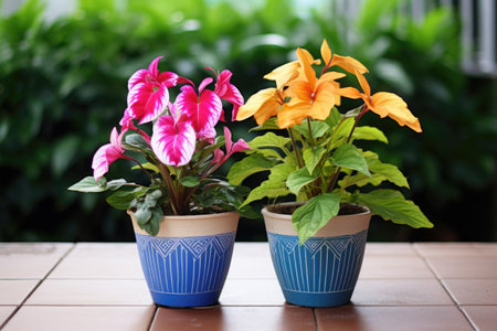 twin potted plants with varying floral colors, created with generative aiの素材