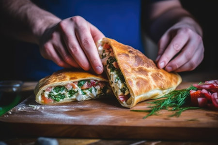 a hand slicing a warm calzone on a wooden board, created with generative aiの素材