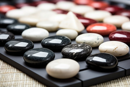 oriental go board mid-game with black and white stones, created with generative aiの素材