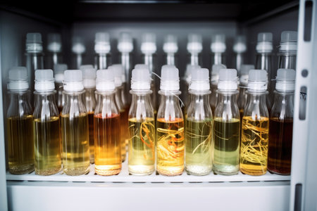 empty vials in a glass-fronted refrigerator, created with generative aiの素材