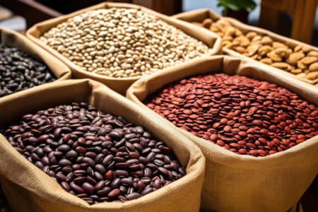 variety of freshly roasted beans displayed for comparison, created with generative aiの素材