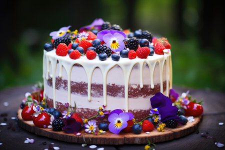 a decorated cake with a mix of edible flowers and berries on top, created with generative aiの素材